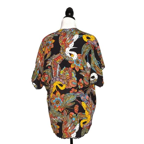 Johnny Was Camelia Lace Eyelet Silk Blouse Floral Bird Print Size Small - Picture 4 of 9